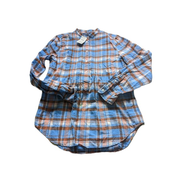 Lands End Plaid Cotton Flannel Pintuck Button Blouse Sz 2 Roll Tab Arm New wTags - Picture 1 of 6